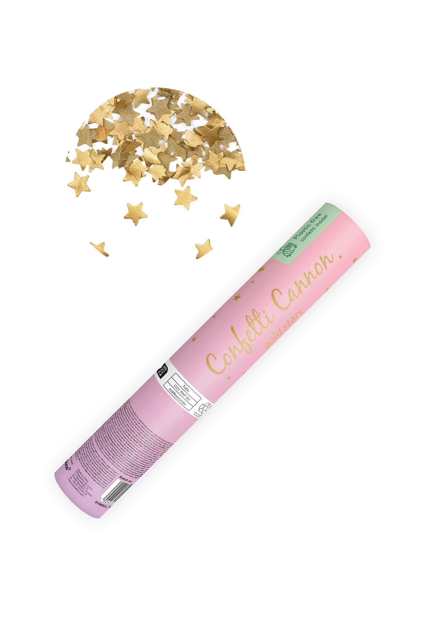 Confetti cannon with golden stars, 20 cm