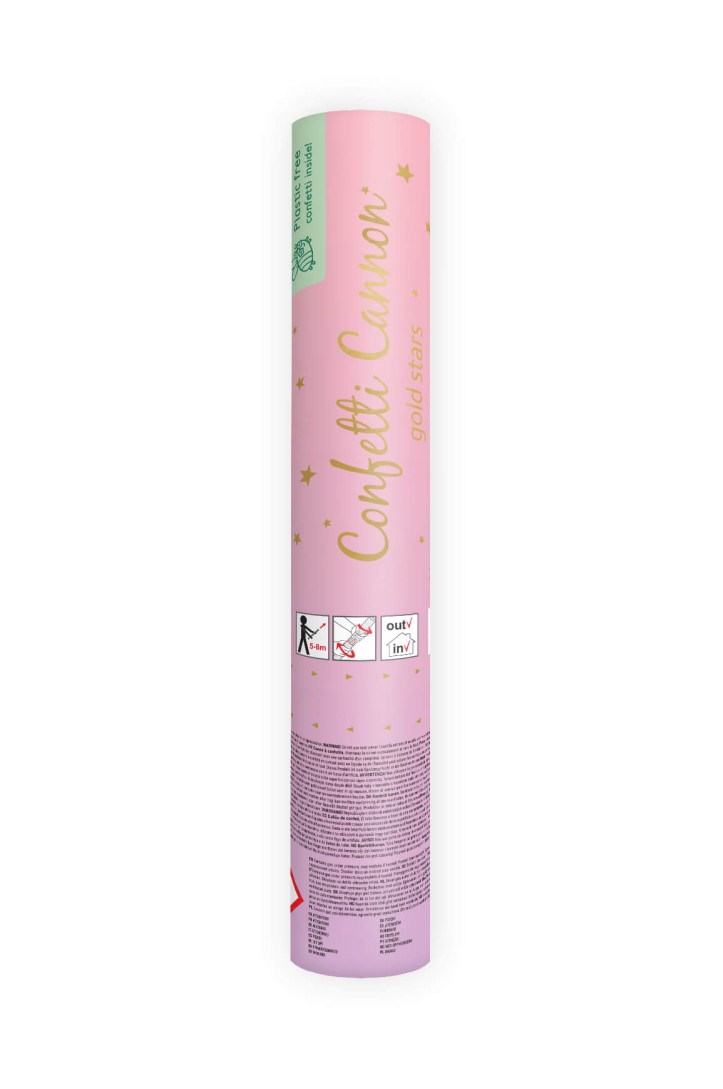 Confetti cannon with golden stars, 20 cm